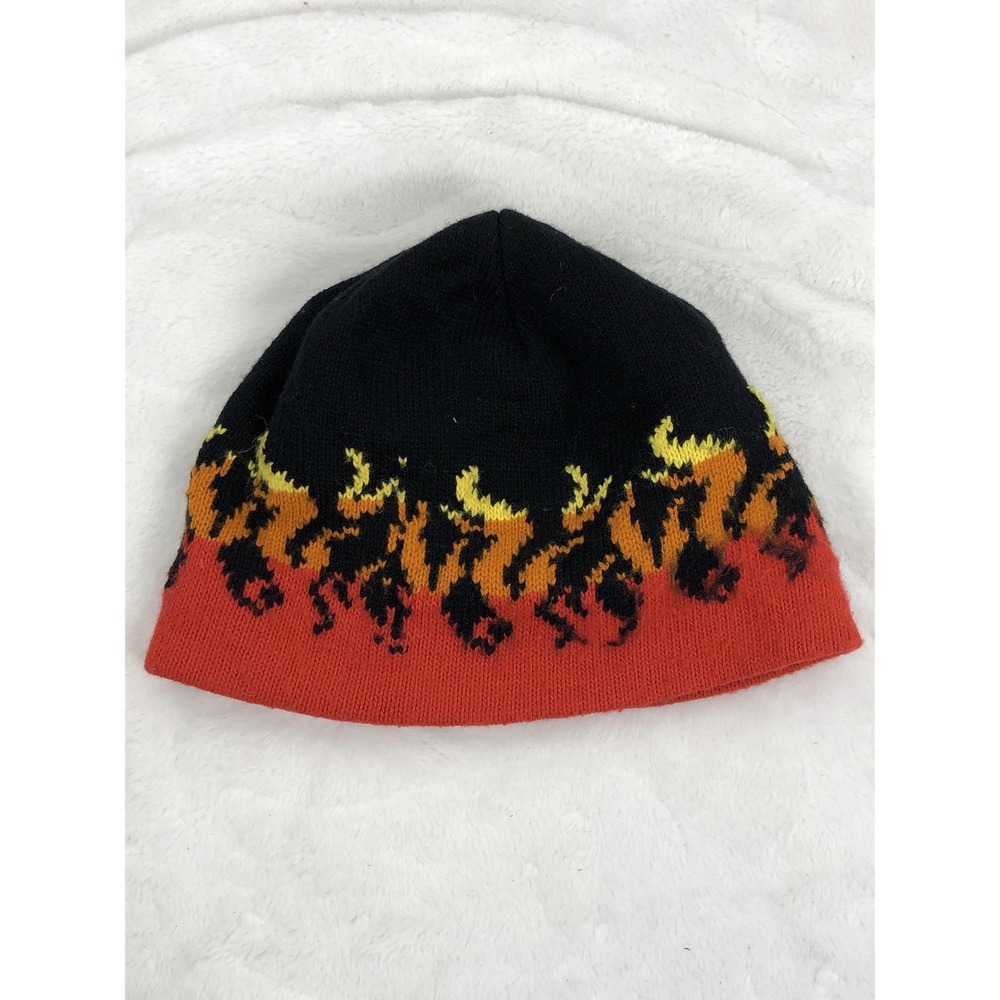 Attaboy‎ Hat Beanie Fitted One Size Black Red Flames Graphic Made in USA Mens